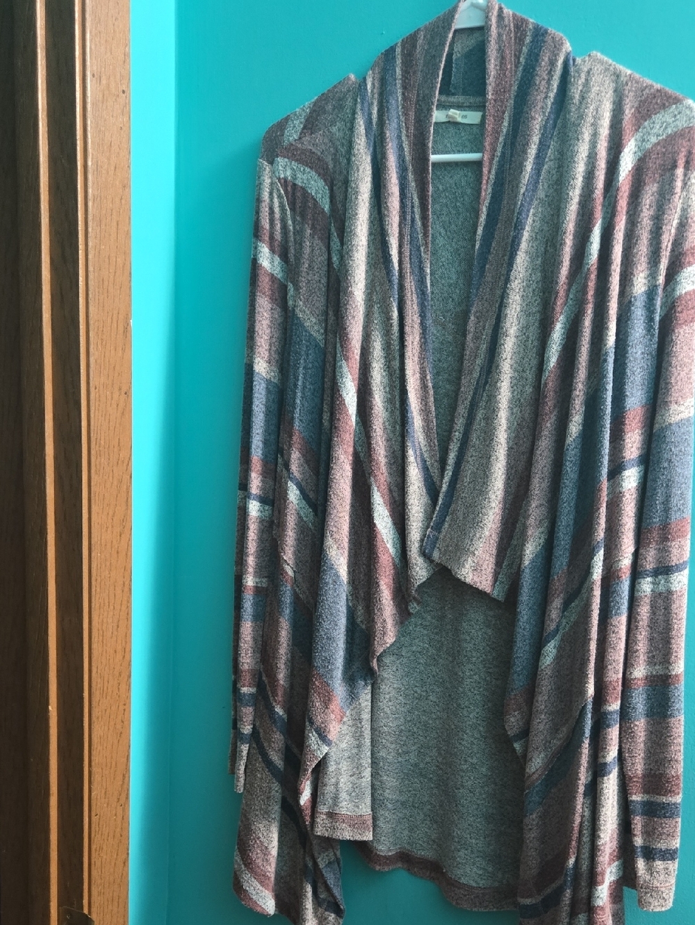 Maurices Draped Open-Front Cardigan in Gray, Blue & Pink